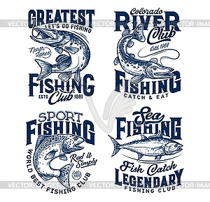 Fishing club t-shirt prints, sea fish on rod hook - vector image