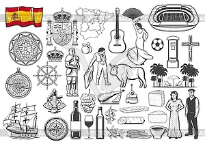 Spanish travel icons. Symbols, map and flag - vector clipart