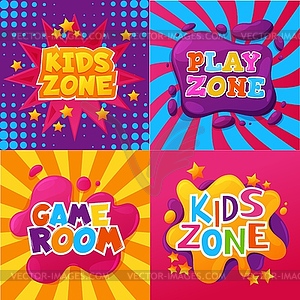 Kid zone, playroom, child game room area posters - vector image