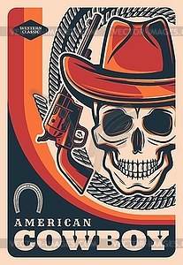 Cowboy skull in hat with revolver gun, Wild West - vector image