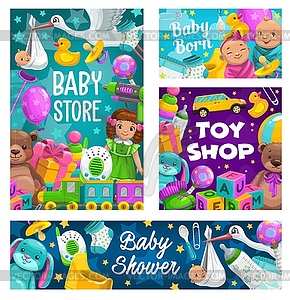 Baby shower, toys shop, kids store cartoon - vector image