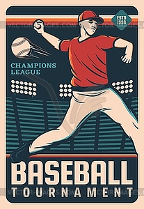 Pitcher baseball player with ball at stadium field - vector image