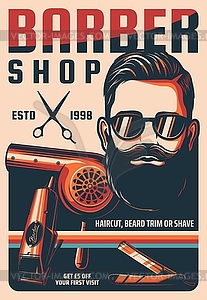 Barbershop retro banner with hairdresser tools - vector clipart