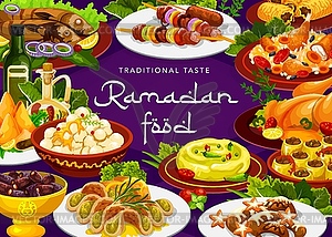 Ramadan food Iftar, Eid Mubarak and Islam cuisine - vector image