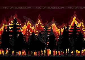 Spruce forest fire, natural disaster background - vector image