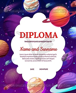 Kids diploma with space, cartoon planets in galaxy - vector clip art