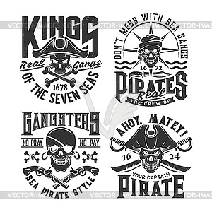 Pirates skulls with crossed bones and weapon print - vector image