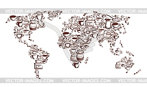 Дымящиеся кофейные чашки, кастрюли и карта мира в зернах - векторный рисунок