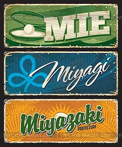 Miyagi, Miyazaki, Mie Japan prefecture tin plates - vector image