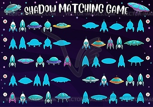 Kids game or space puzzle, match rockets shadow - color vector clipart