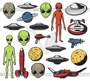 Aliens, ufo and space shuttles retro icons - vector clip art