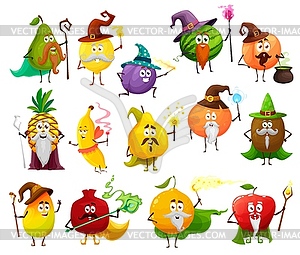 Fruit magician, witch, wizard cartoon characters - vector clipart