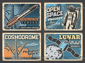 Space research program retro banners, old plates - color vector clipart