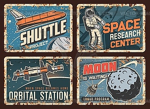 Space station, shuttle and satellite tin plates - vector clip art