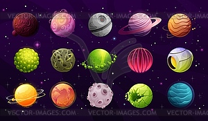 Fantastic planets, satellites, alien worlds icons - vector clip art