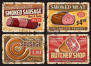 Farm smoked sausages, butchery rusty metal plates - vector image