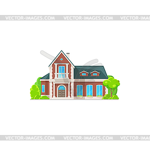 House exterior with chimney pipe, balcony, tree - vector image