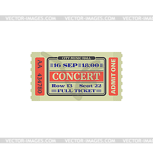 Music hall full ticket on concert card - vector clip art