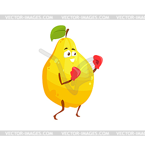 Cartoon pear or quince fruit sportsman icon - vector image