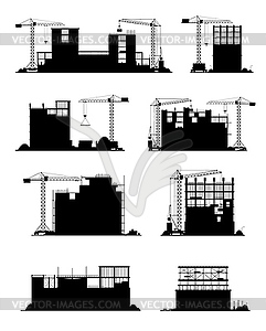 Силуэты стройплощадки, здание, оборудование - векторизованное изображение клипарта