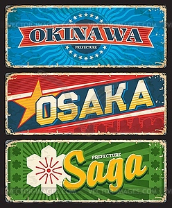 Saga, Okinawa and Osaka Japan regions tin plate - vector clip art