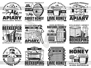 Honey and beekeeping apiary farm icons set - vector clipart