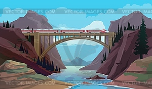 Railroad bridge with train over mountain river - vector image