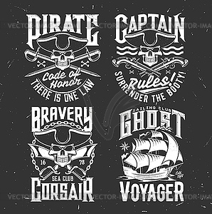 Sea sailing club apparel prints with pirate skulls - vector image