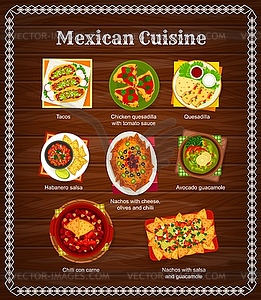 Mexican food menu, Mexico cuisine tacos and salsa - vector image