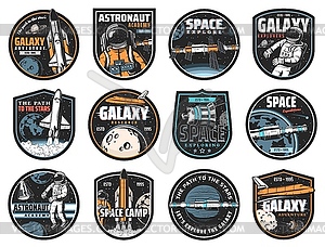 Space icons astronaut in galaxy, rocket - vector image