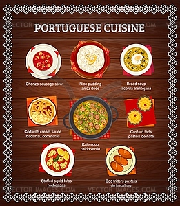 Portuguese food menu cover, Portugal cuisine meals - vector clipart