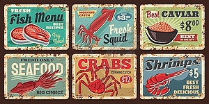 Seafood shop fish, squid and shrimp rusty plates - vector image
