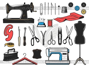 Sewing tool icons, tailor and dressmaker equipment - vector clip art