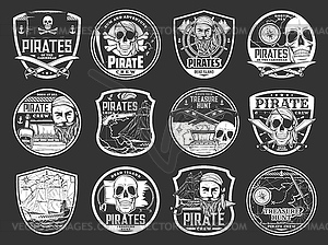 Pirate badges, merry roger skull, treasure island - vector image