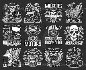 Motorcycle races, biker club skull emblems, sport - vector clipart