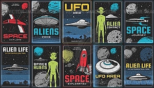 Space journey, alien contact and UFO banner - vector clip art