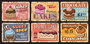 Pastry cake desserts metal rusty plates, sweets - vector clipart