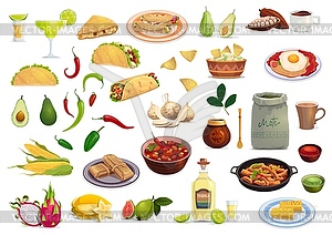 Mexican cuisine food and drink cartoon set - vector image