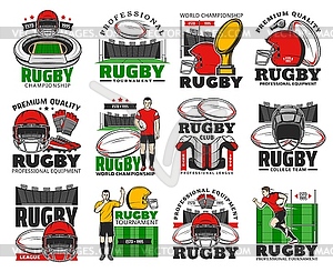 Rugby championship, team and equipment shop icon - vector clipart