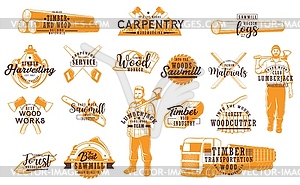 Лесоруб, плотник и лесозаготовки, иконы лесопилки - стоковый векторный клипарт