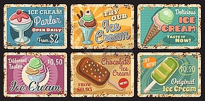 Ice cream parlour dessert menu rusty metal plate - vector image