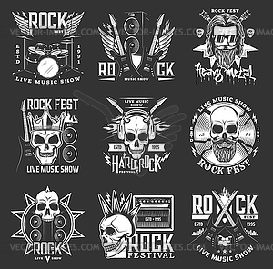 Rock music festival icons, hard rock skull, guitar - vector clip art