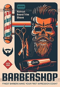 Barbershop, beard shave and haircut salon poster - vector image