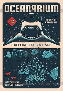 Океанариум экзотических и тропических рыб ретро баннер - векторизованное изображение клипарта