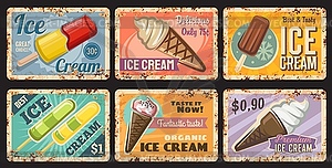 Ice-cream desserts cafe menu rusty metal plates - vector clipart