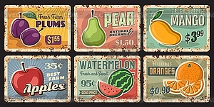 Fruits rusty metal plates, rust tin signs - vector clip art