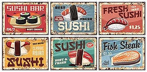 Sushi metal plates or retro posters, Japanese food - vector clipart