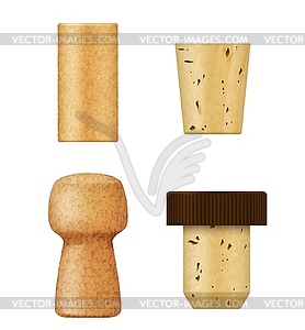 Bottle corks and wine stoppers, wooden plug caps - vector image