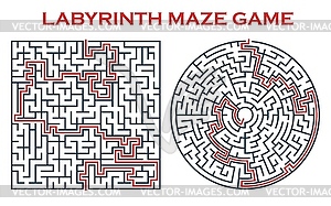 Labyrinth maze game, round and square templates - vector image