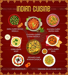 Indian cuisine restaurant menu with curry dishes - vector clip art